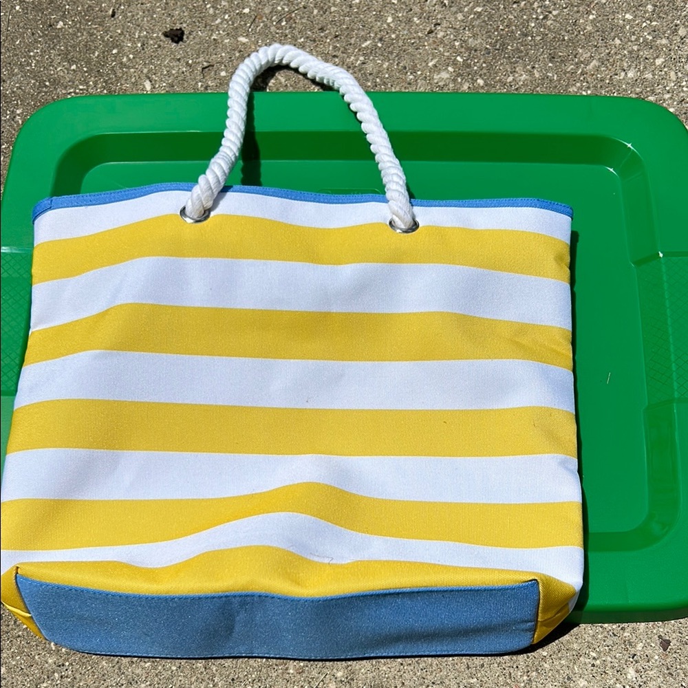 Yellow and White Striped Tote Bag with Blue Accents